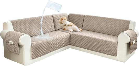 Sectional Couch Covers for Dogs 100% Waterproof Corner L Shaped Sofa Cover Pet Friendly Velvet Washable Anti Slip L Shape Modular Sofa Slipcover Protector with Pockets (Taupe, XX-Large) by SYJOVIA