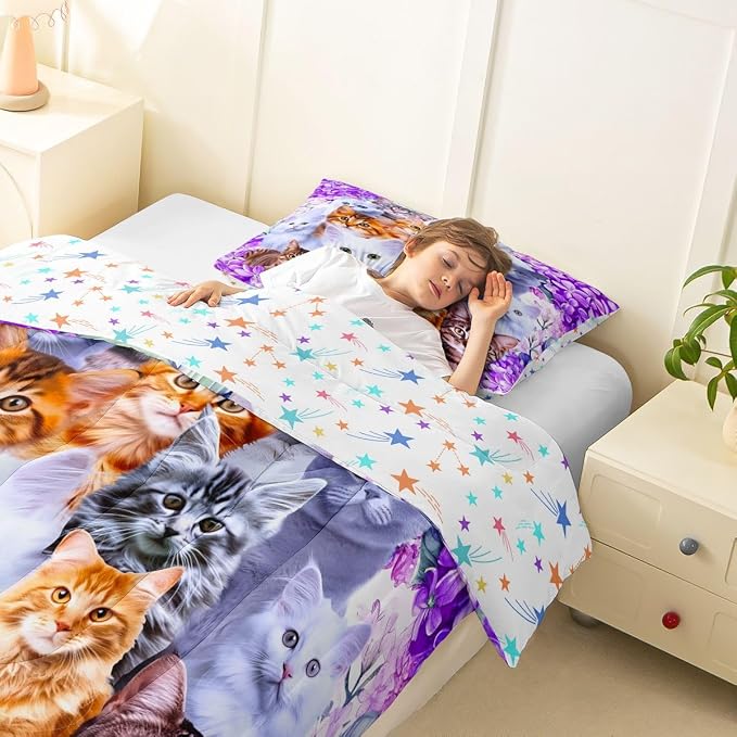Feelyou Cartoon Cat Girls Comforter Set Pet Cats Kitten Toddler Kawaii Bedding Set for Kids Boys Cute Floral Purple Queen Duvet Quilt Decor Warmth with 2 Pillowcases 3Pcs - Image 8