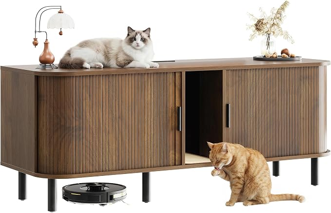 IRONCK 60" Double Cat Litter Box Enclosure with Power Outlet | Sliding tambour door. Built-in power outlet. 60" TV stand top. Walnut finish with 4.3" raised base. - Image 8