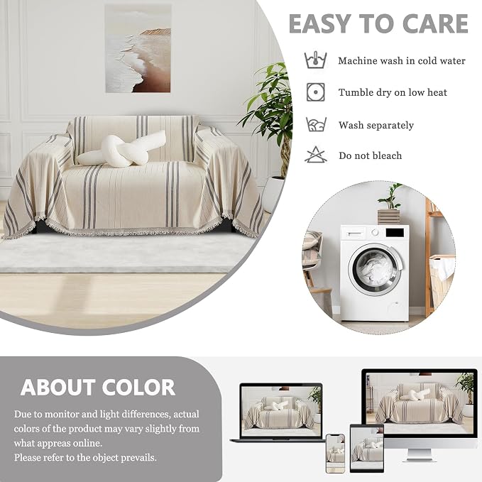 DREAMINGO Armchair Cover Washable Chenille Sofa Protector for Pet Kids Beige Grey Chair Couch Covers for 1 Cushion Couch Stripe Jacquard Versatile Sofa Throw Slipcover for Futon Couch, 71"x91" - Image 6