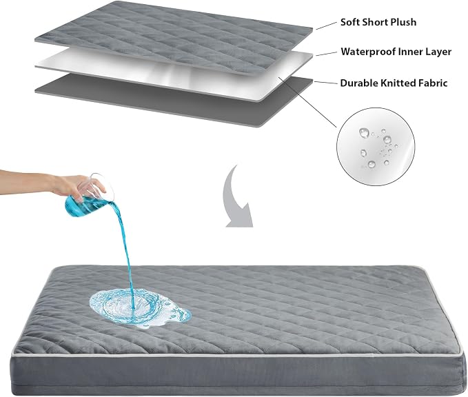 WNPETHOME Orthopedic Waterproof Large Dog Bed for Crate Cozy Sleep | Washable Large Pet Bed with Removable Cover, Multi-Needle Quilting Dogs Crate Beds Grey 35x22 Inch - Image 5