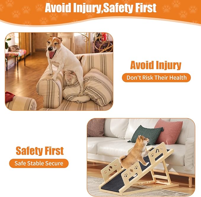 Dog Ramp for Bed 4 Adjustable from 13.8"-22.8" Portable Dog Steps Folding Ramp for Dogs to Get On Bed Wooden Paw Ramps with Anti-Slip Grip & Safety Rails Dog Stairs for High Beds Car Couch