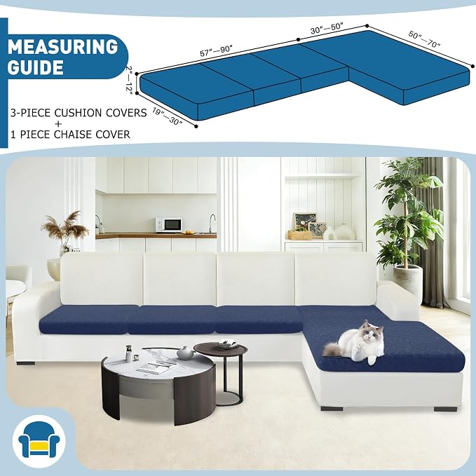 MAXIJIN Waterproof Sectional Couch Cover 4 Pieces Stretch Couch Cushion Covers for Sectional Sofa L Shape Seat Slipcovers with Elastic Bottom for Dog Pet (3 Seater + 1 Chaise, Navy Blue) - Image 2