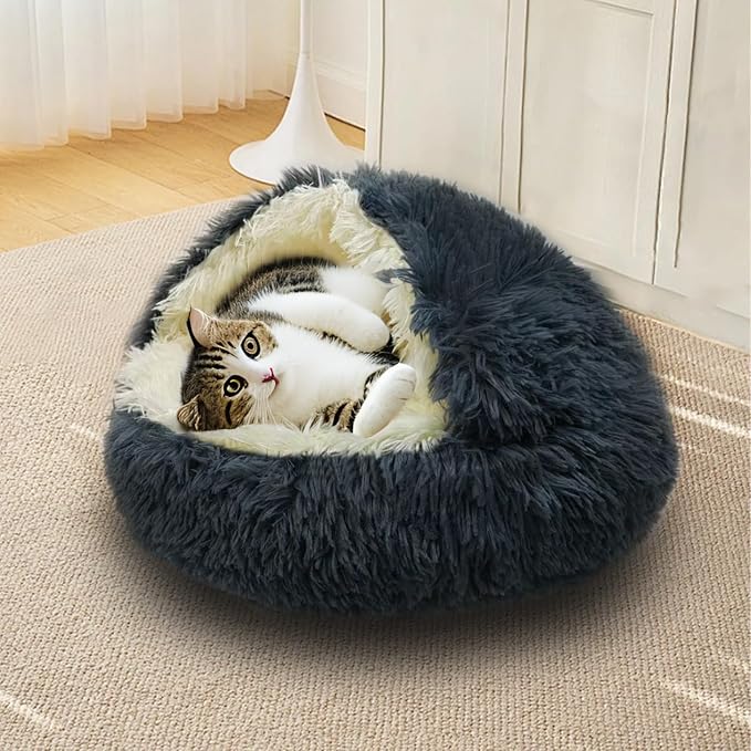 ShinHye Cat Bed Round Plush Fluffy Hooded Cat Bed Cave, Cozy for Indoor Cats or Small Dog beds, Soothing Pet Beds Doughnut Calm Anti-nxiety Dog Bed - Waterproof Bottom Washable (23×23inch, Dark Grey) - Image 5