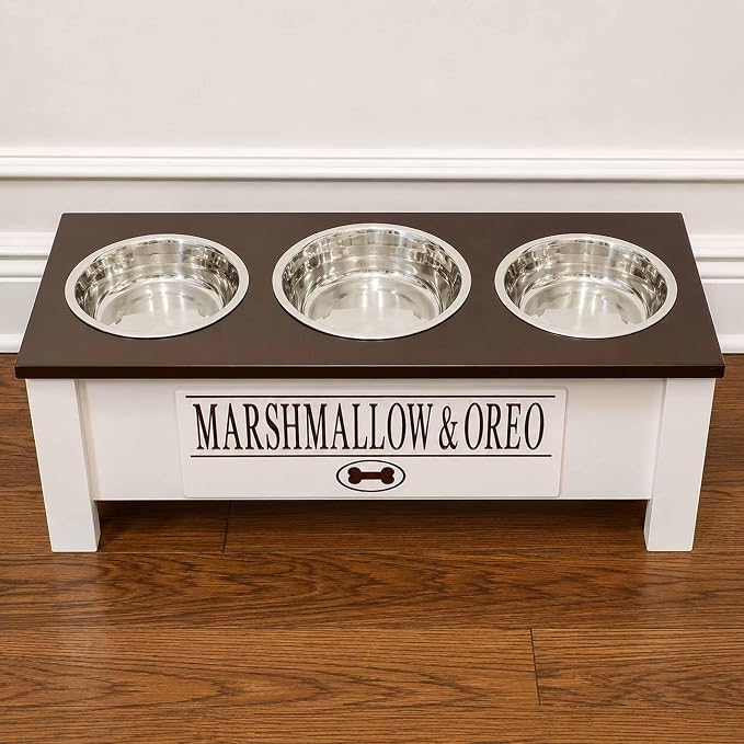 3 Bowl Dog Feeding Station, Personalized Triple Bowl Food Stand Medium Dogs | Farmhouse Style, Elevated Wood Stand, Storage Container, Stainless Steel Bowls, Raised Anti-Slip Feeder, Made in USA - Image 4