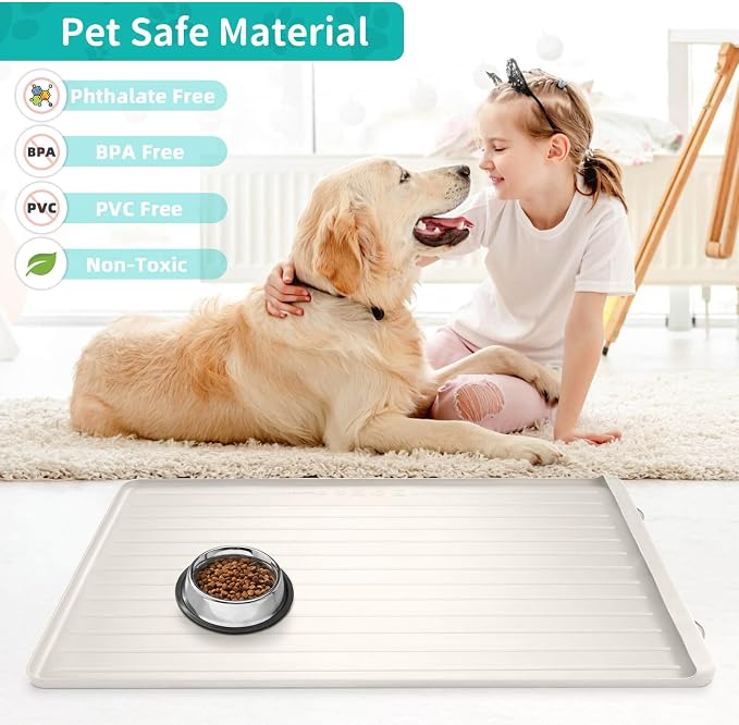 Dog mat for Food and Water - 39.4" x 27" Thickened Large Cat Food Mat | Waterproof Pet Bowl Mat with Residue Collection Pocket and High Edges to Prevent Water and Food Spills - Cream - Image 6