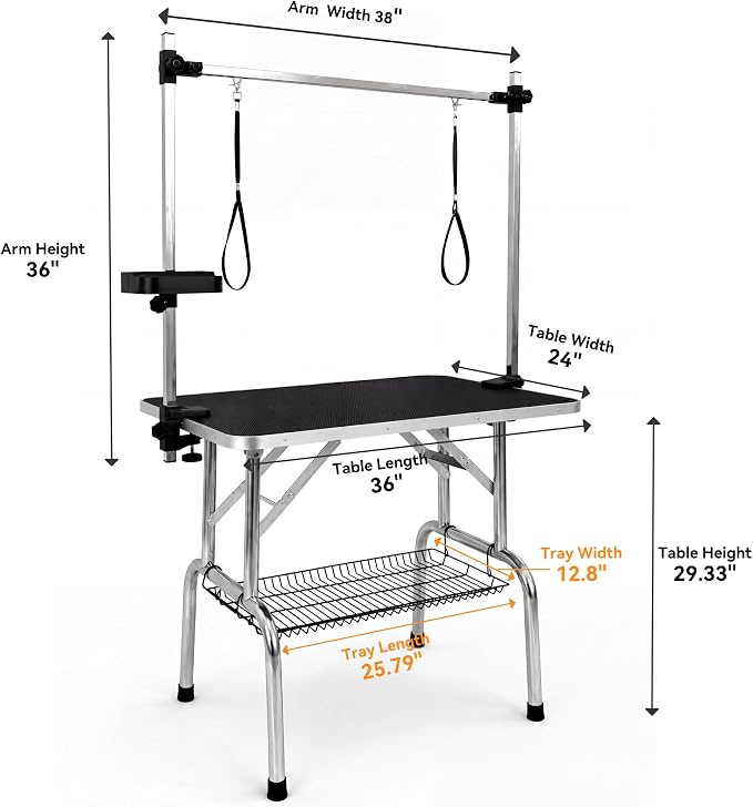 36" Foldable Dog Grooming Table with Adjustable H-Frame Arm & 2 Nooses, Heavy-Duty Stainless Steel Frame, Non-Slip Top, Tool Caddy and Mesh Tray, Black - Image 2