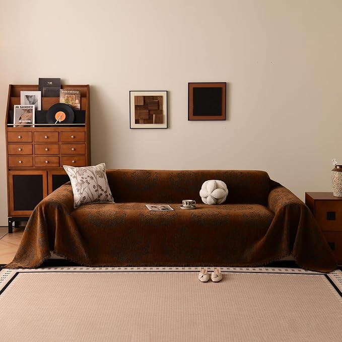 STACYPIK Vintage Floral Couch Covers, Caramel Brown Jacquard Sofa Cover | 71"x134" X-Large, Non Slip, Soft Breathable, Furniture Protector, Reversible, Sectional/L Shape Sofa Slipcovers Washable by STACYPIK