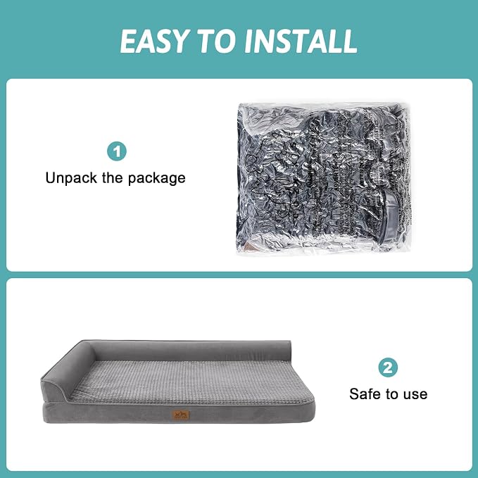 COZY KISS Orthopedic Dog Bed for Large Size Dog, XL Dogs Crate Bed, L Shaped Foam Anti-Slip Bottom Pet Cat Sofa with Washable Removable Cover, Suitable for Pet Up to 100 lbs, 42x30x7.5 inch, Grey - Image 9