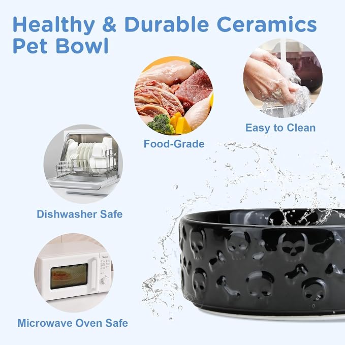 SPUNKYJUNKY Elevated Dog Bowls Ceramic, 8.3'' Dogs Food Water Bowls Raised with Non-Slip Bamboo Stand for Large Sized Breed Microwave Dishwasher Safe - 60 OZ,Skull Black - Image 5