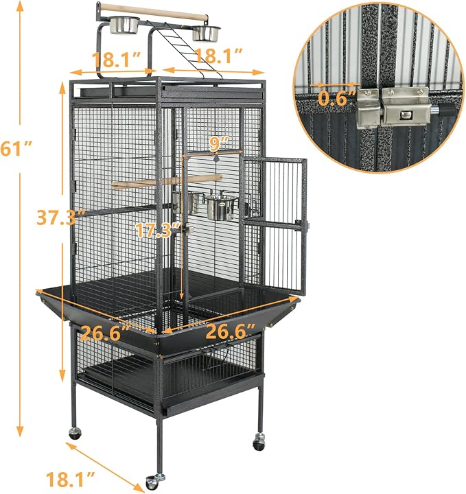 ZENY 61-inch Playtop Parrot Bird Cages, Wrought Iron Large Birdcage with Rolling Stand for Parakeet Cockatiels Quaker Conure Lovebird Finch Canary Small Medium Parrot Cage Birdcage (Black) - Image 5