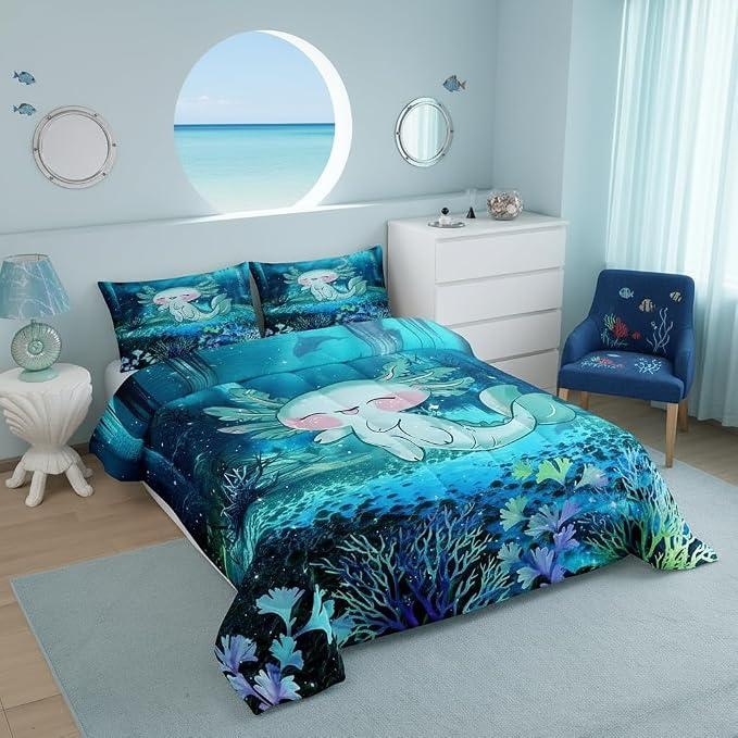 Manfei Cartoon 3D Print Axolotl Bedding Set for Boys Girls,Cute Ocean Animal All Season Cozy Comforter Set Full Size,Undersea World Plant Duvet Set Bedroom Decor,Personalized Birthday Gifts - Image 2