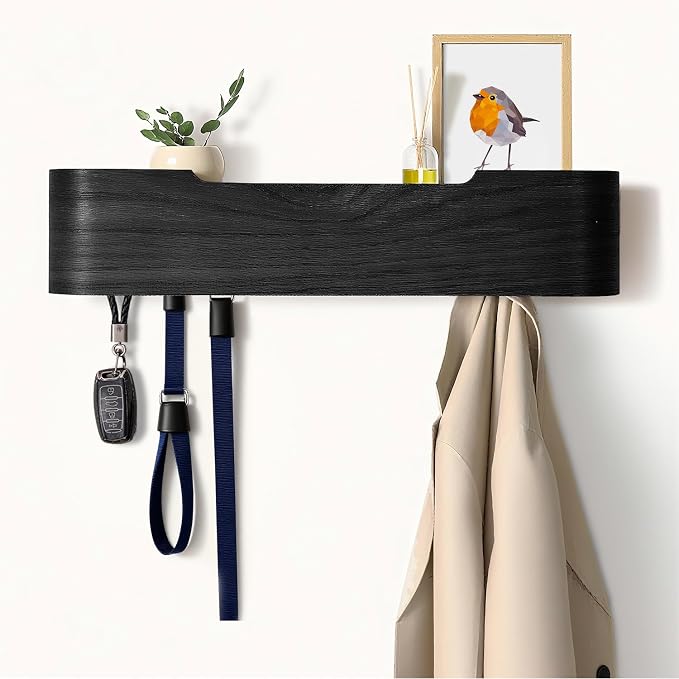 Coat Rack Wall Mount with Hidden Hooks, Wall Hooks with Shelf, Wall Key Holder Mount Wooden Shelf Entryway Hooks for Bedroom Bathroom for Hanging Coats Hats Bags Towels (Black, 5 Hooks) by Nevsokio