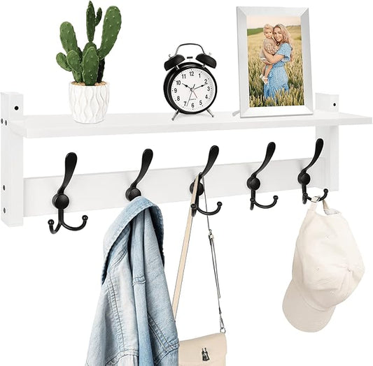 Homode Wall Shelf with Hooks, 24 Inch Coat Rack with Tri Hooks | Farmhouse Entryway Floating Coat Hanger with Storage for Bathroom, Entry Way, Mudroom, White by Homode