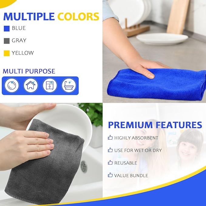 Nuenen Microfiber Cleaning Cloths for Cars 16 x 16 Inch Ultra Absorbent Car Towels Drying Reusable Cleaning Supplies House Kitchen Window Microfiber Towel(Blue, Gray, Yellow,60 Pcs) - Image 2