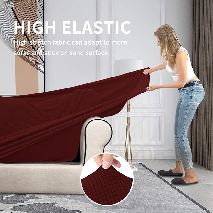 Easy-Going 4 Pieces Stretch Couch Cover Sofa Cover for Dogs Washable Sofa Slipcover for 3 Separate Cushion Couch Spandex Jacquard Fabric Elastic Furniture Protector for Pets, Kids (Wine, Sofa) - Image 4