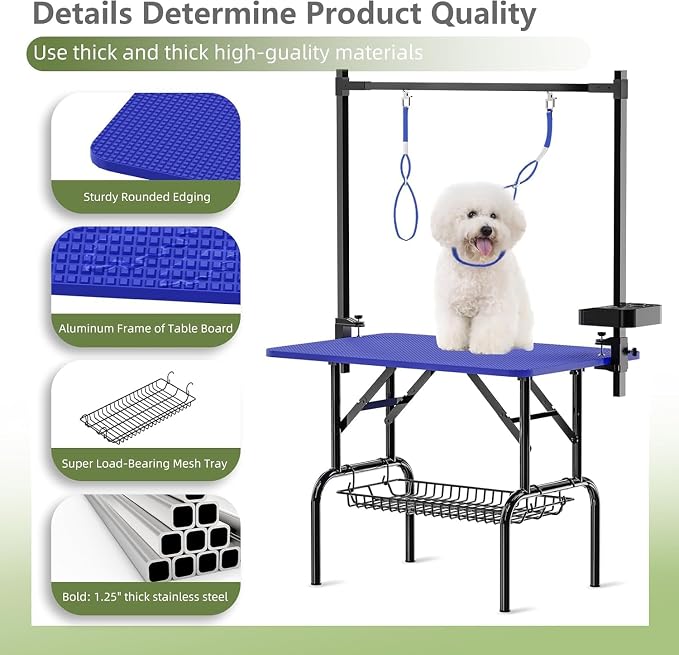 Professional Dog Pet Grooming Table Adjustable Heavy Duty Portable w/Arm & Noose & Mesh Tray (36", Blue) - Image 3