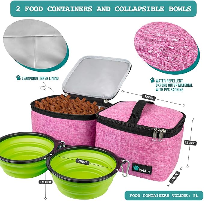 PetAmi Dog Travel Bag Organizer, Pet Travel Kit with 2 Food Containers & 2 Collapsible Dog Bowls, Pet Supplies Tote with Luggage Sleeve, Weekend Road Trip Camping Essentials, Pink, Large - Image 3