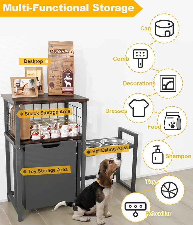 30.6Long x 26.2 High Elevated Dog Bowl Stand with Pet Food Storage Organizer, Adjustable Raised Feeding Station with Toy Basket for Large Medium Small Dogs and Cats, Black - Image 3