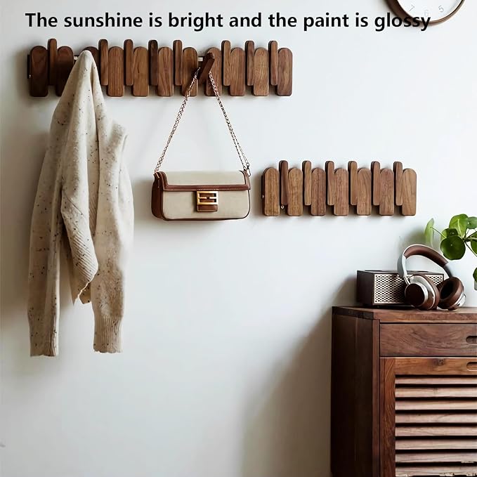 Wall Mounted Coat RackHooks Piano Key Hangers Natural Solid Wood Hanger Non-Woven Fabric Clothes Hangers for Closet, Kitchen, Bedroom, Bathroom, Entryway (Moon Walnut-Beech, 6 Hooks) - Image 3