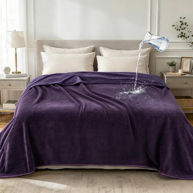LOOBANI Waterproof Blanket for Bed Full/Queen, Reversible Leakproof 80"x90" | Deep Purple, Soft Flannel & Coral Fleece Bed Blanket, Water Resistant for Couch Cover, Movie Nights, Camping, Pet-Friendly by LOOBANI
