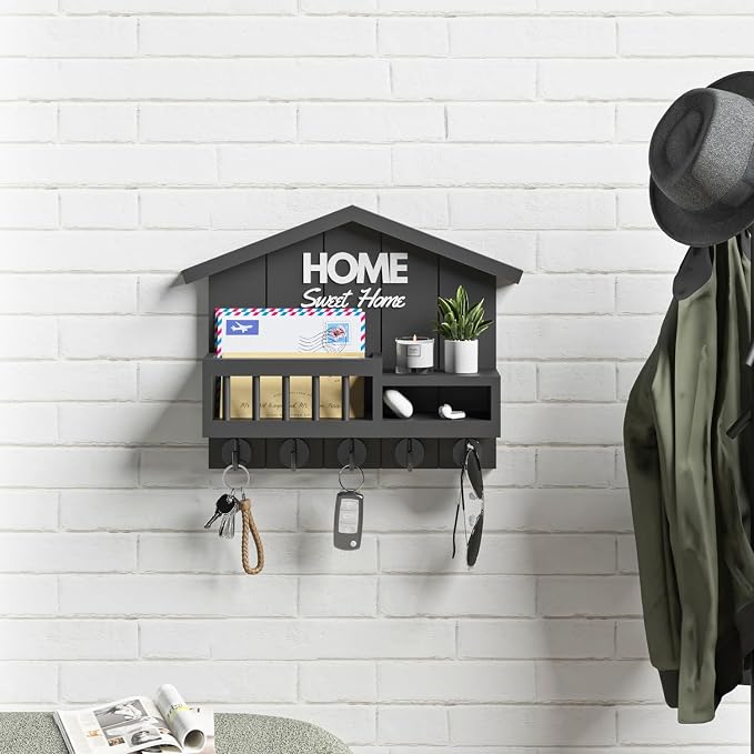 Key and Mail Holder for Wall, Wall Key Holder with Shelf, Home Key Holder for Wall, Wood Black Key Holder Wall Mount, Mail Organizer Wall Mounted, Entryway & Front Door Key Holder with 5 Hooks - Image 4