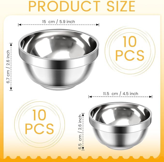 Mimorou 20 Pack 304 Stainless Steel Bowls Set 13oz 20oz Metal Double Walled Insulated Snack Mixing Lightweight Multipurpose Toddler Dinner Bowls for Ice Cream, Cereal, Snack - Image 2
