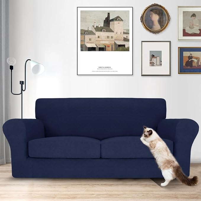 MAXIJIN 3 Piece Couch Covers for 2 Cushion Couch Sofa Cover, Stretch Loveseat Sofa Slipcovers for Sofas with 2 Large Cushions, Thick Dogs Pet Furniture Covers (71"-91", Navy Blue) - Image 2