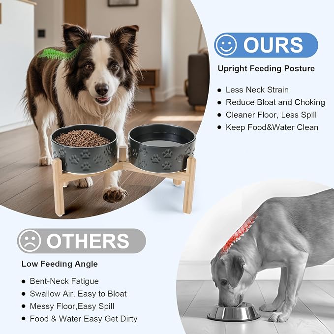 SPUNKYJUNKY Elevated Dog Bowls Ceramic, 7.3'' Dogs Food Water Bowls Raised with Non-Slip Bamboo Stand for Medium to Large Sized Breed Microwave Dishwasher Safe - 42 OZ,Paw Black - Image 3