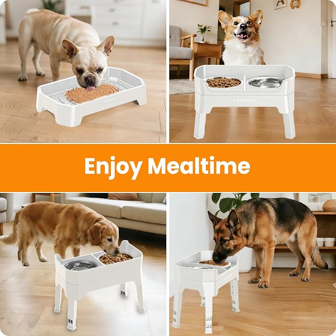 URPOWER Elevated Dog Bowls, 3-in-1 Double Deck Raised Dog Bowl Stand | 4 Height Adjustable Raised Stand with 2 Stainless Steel Food Bowls & Licking Plate for Small, Medium & Large Dogs - Image 7
