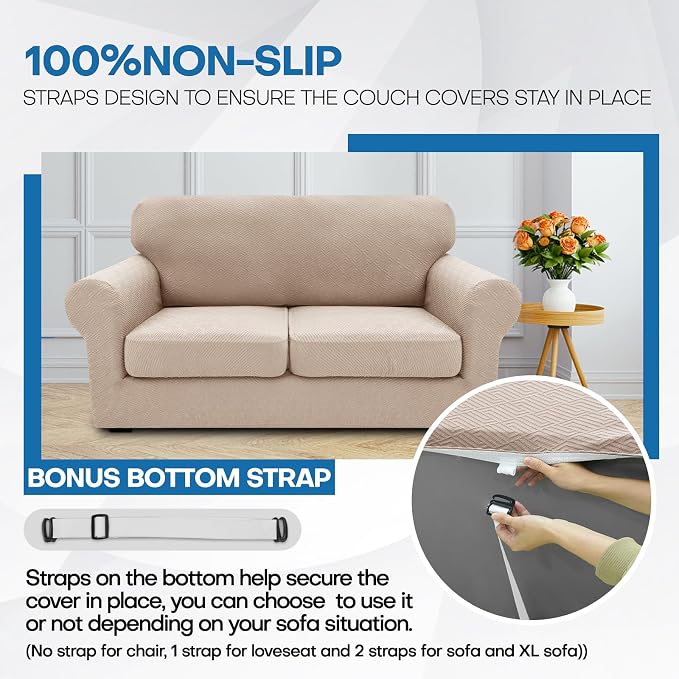 XINEAGE 2026 New 3 Pieces Couch Covers for 2 Cushion Sofa Super Stretch Loveseat Slipcover Pet Dog Universal Slip Cover Anti Slip Love Seat Furniture Protector (Khaki, 55"-69") - Image 7