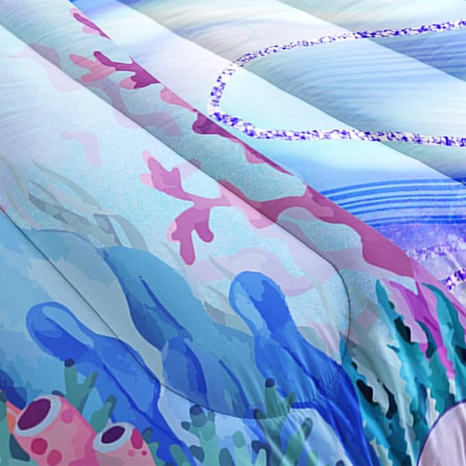 Nttopship Mermaid Princess Comforter Sets King Size for Boys Girls Bedding Set Sea Beach Ocean Blue Bedroom 1 Comforter with 2 Pillowcases - Image 6