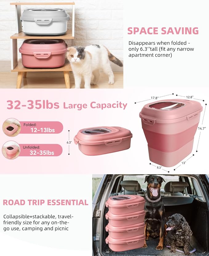 30-35Lbs Airtight Dog Food Storage Container,Collapsible Dog Food Container | Large Pet Food Storage Container with Double Airtight Seal & Magnetic Lid,Dog Food Bin with Wheels,2Pcs Containers,Scoop,Pink - Image 9