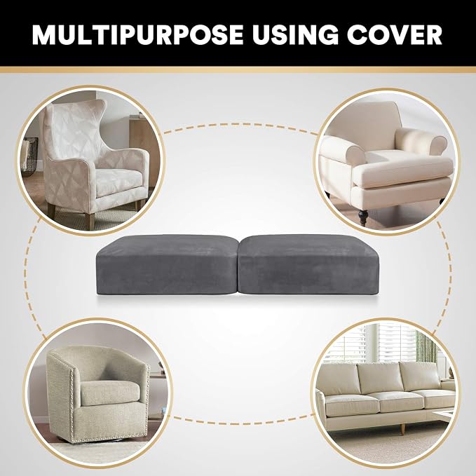 PrinceDeco Stretch Velvet Couch Cushion Covers for Individual Cushions Sofa Cushion Cover Seat, Sofa Covers Washable, Couch Seat Cushion Covers for Sectional (2 Pieces, Grey) - Image 6