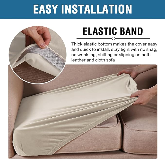 H.VERSAILTEX Velvet Stretch Couch Cushion Cover Plush Cushion Slipcover for Chair Loveseat Sofa Cushion Furniture Protector Seat Cushion Sofa Cover (3 Piece XL Sofa Cushion Covers, Ivory) - Image 4