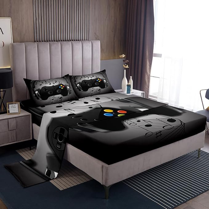 Gamer Sheet Set Black Grey Headphones Musical Notes Design Gaming Bed Sheet Sets for Kids Boys Video Game Room Decor Retro Playing Gamepad Fitted Sheet,Gaming Controller Flat Sheet - 4 Piece Queen - Image 3