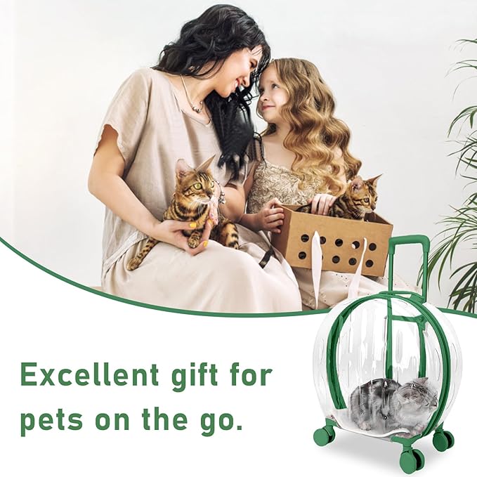 Pet Carrier with Wheels - Transparent PC Material, Sturdy and Breathable Design, Convenient Handle, Suitable for Cats and Dogs (Green)