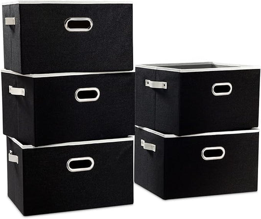 PRANDOM Larger Collapsible Storage Bins for Closet [5-pack] Decorative Linen Fabric Storage Baskets Cubes with Leather/Metal Handles for Living Room Black (17.3x12.2x10.4 Inch) by Prandom