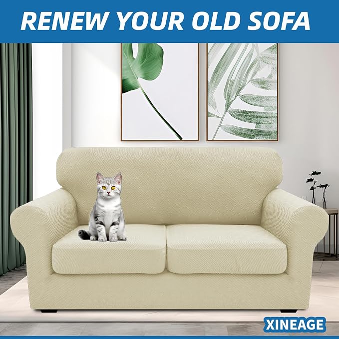 XINEAGE New 3 Pieces Couch Covers for 2 Cushion Sofa Super Stretch Loveseat Slipcover Pet Dog Universal Slip Cover Anti Slip Love Seat Furniture Protector (Light Beige, 55"-69") - Image 4