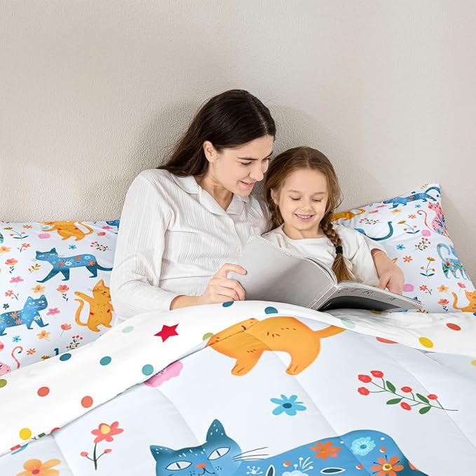 Feelyou Cute Cat Flower Bedding Set for Boys Girls, Cartoon Floral Kawaii Comforter Set Queen Size Funny Cats Animals Duvet Quilt Microfiber Rainbow Printed Bedroom Decor 3 Pcs with 2 Pillow Cases - Image 5