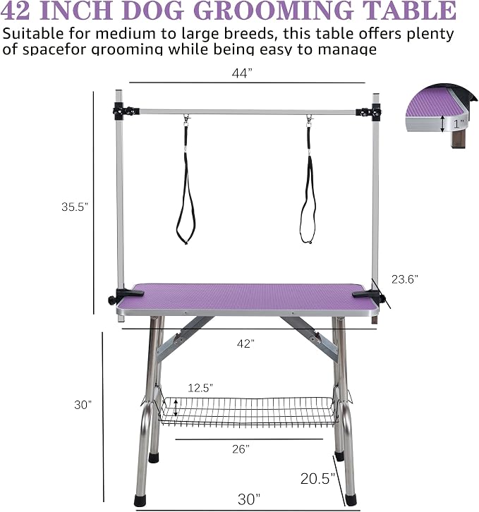 Professional Dog Pet Grooming Table Adjustable Heavy Duty Portable w/Arm & Noose & Mesh Tray (Purple, 42") - Image 5