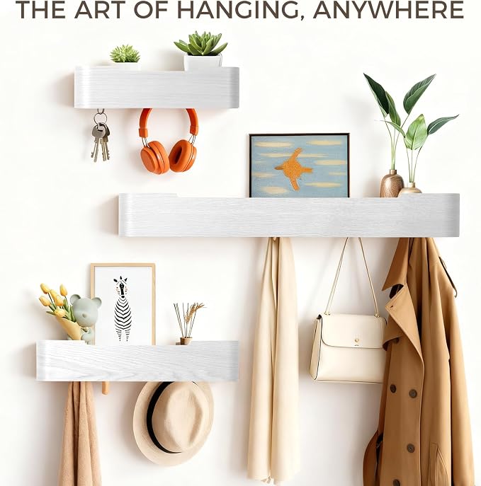 Coat Rack Wall Mount with Shelf Entryway Shelf Modern Key Holder Hanger Wall Shelves with Hidden Hooks for Hanging Towels Coats Hats Bags for Hallway Bathroom Bedroom (White, 5 Hooks) - Image 3