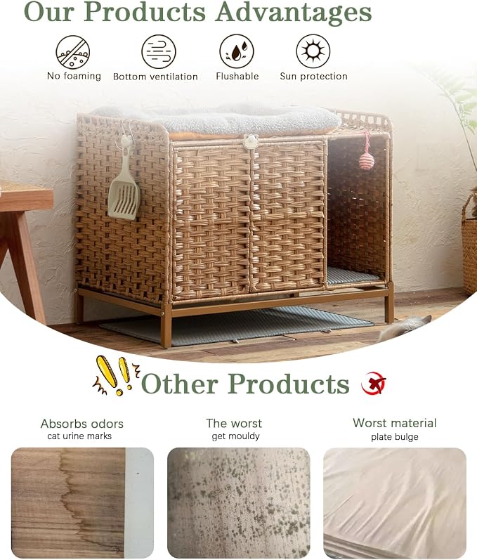 SETVSON Litter Box Enclosure Furniture with Divider, Cat Cabinet, Natural | Handwoven PE Rattan with Soft Litter Mat, 3.54-In Heightened Metal Feet, 2 S-Hooks, 31.2 x 19.6 x 24.2 In Spacious - Image 3