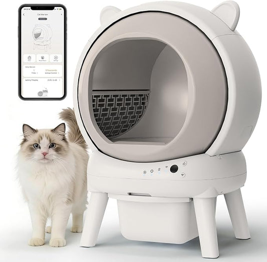 PUPETPO Self Cleaning Litter Box, Automatic Cat Litter Box for Multiple Cats, Auto Litter Box Robot with APP Control, Dual Safety Sensors, Odor Control&Low Noise, Cat Ears Design, Ivory White by PUPETPO