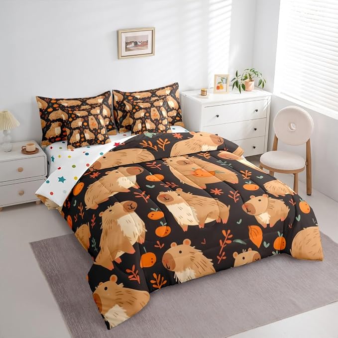 Erosebridal Cute Capybara Bed in A Bag Twin Size for Capybara Lovers, Kawaii Aninal Comforter Set with Sheets, Persimmon 7 Pieces Bedding Set, Cartoon Fruit Bedding Comforter Sets, Black - Image 2