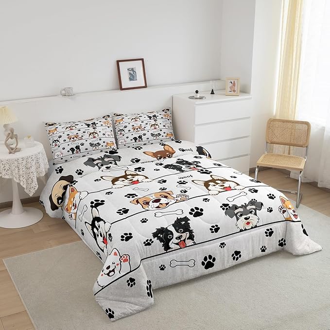 Manfei Cartoon Puppy Bedding Set for Boys Girls,Paw Print White All Season Cozy Comforter Set Full Size,Cute Dog Pet Animals Duvet Set Bedroom Decor,Festival Gifts - Image 2