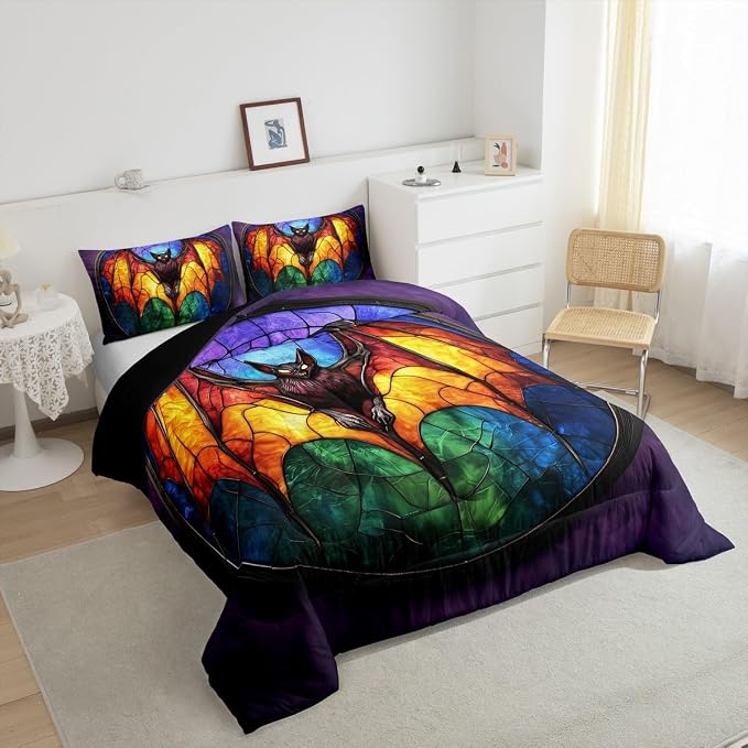 Manfei Halloween Bat Comforter Set King Size,Mystic Bat Wild Animal Bedding Set for Kids Girls Boys Room Decor,Spider Web Geometric Soft Duvet Insert for All Season,2 Pillowcase,Dark Purple Green - Image 6