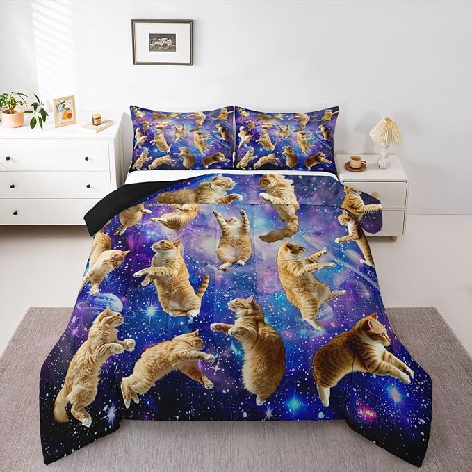 Feelyou Cats Comforter Set Galaxy Cute Cat Bedding Set for Kids Boys Girls University Planets Pet Cat Design Comforter Fun Lovely Animals Quilt Collection 3Pcs Queen Size Boys - Image 4