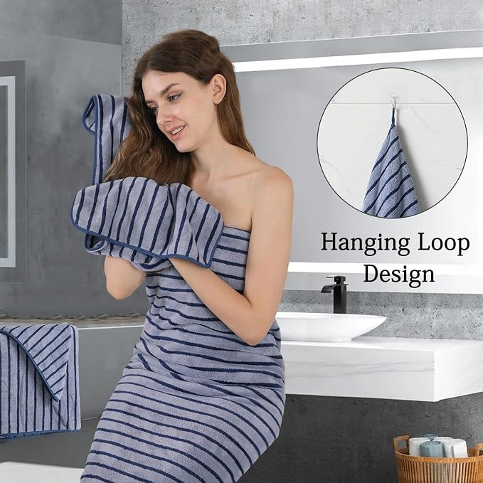 Mistyrose Bath Towels,4 Pack Navy Stripe 35"x70" Large Bath Towels Microfiber Absorbent XL Bath Sheets Super Soft Towels for Bathroom Quick Dry Oversized Shower Towels for Family Hotel Spa Gym - Image 5