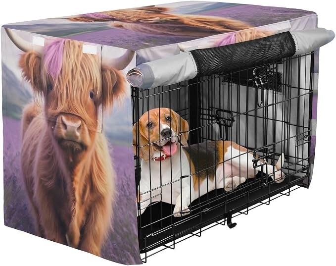 Dog Crate Covers Cute Highland Cow Purple Wind-Resistant, Washable Cage Cover for Indoor Pets X-Large - Image 2